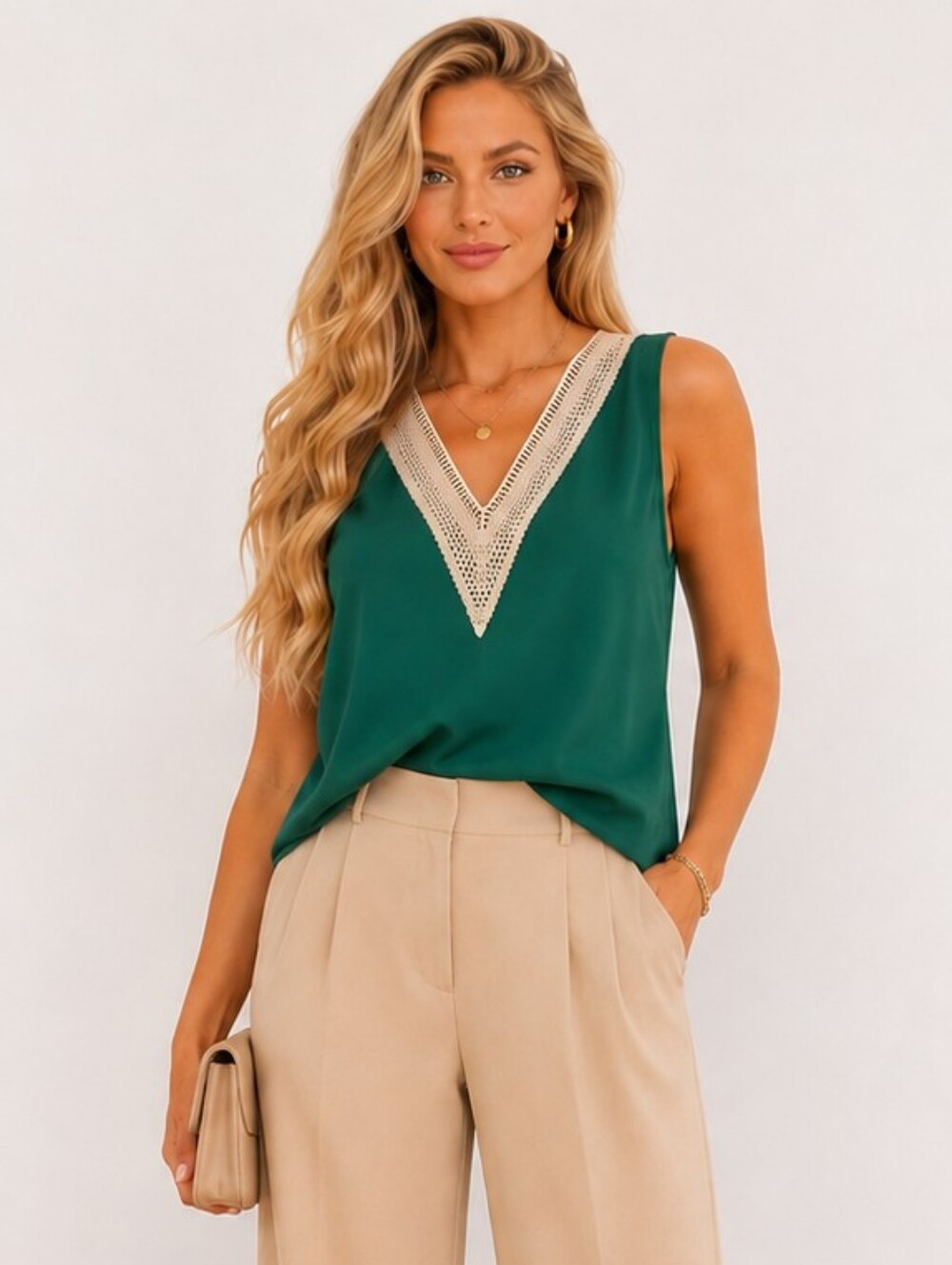 Emerald Green Crochet Trim V Neck Sleeveless Blouse Top L